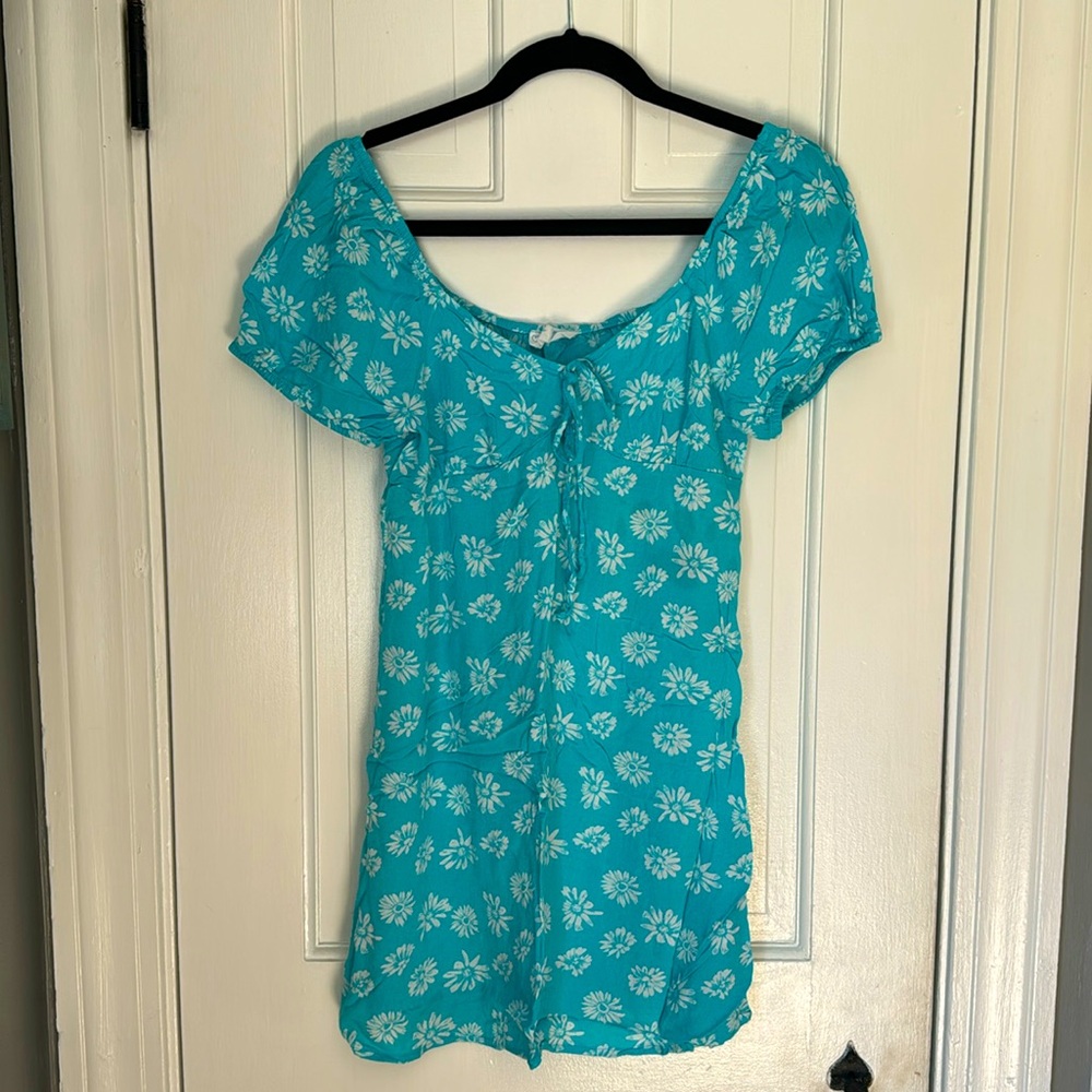 Blue floral mini sun dress lightweight viscose rouched sleeves summer